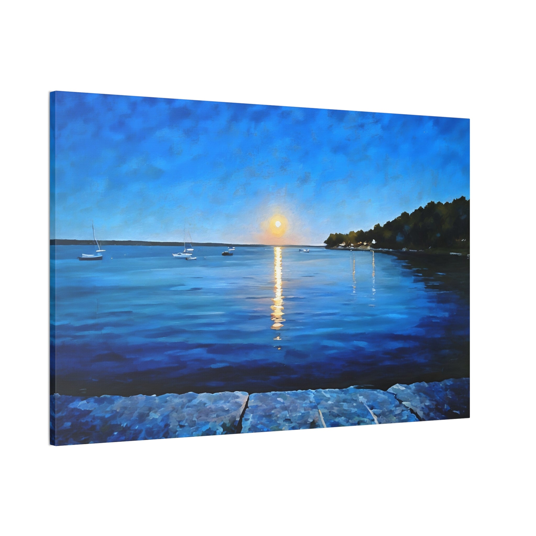 Moonlight Over Maine Canvas Wall Art — Stretched Coastal Sunset Painting