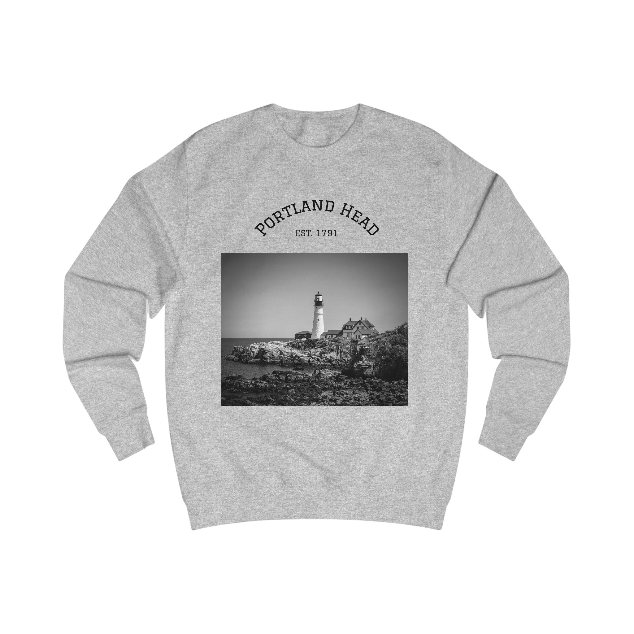 Portland Head Lighthouse Sweatshirt — Vintage Black & White Coastal Crewneck