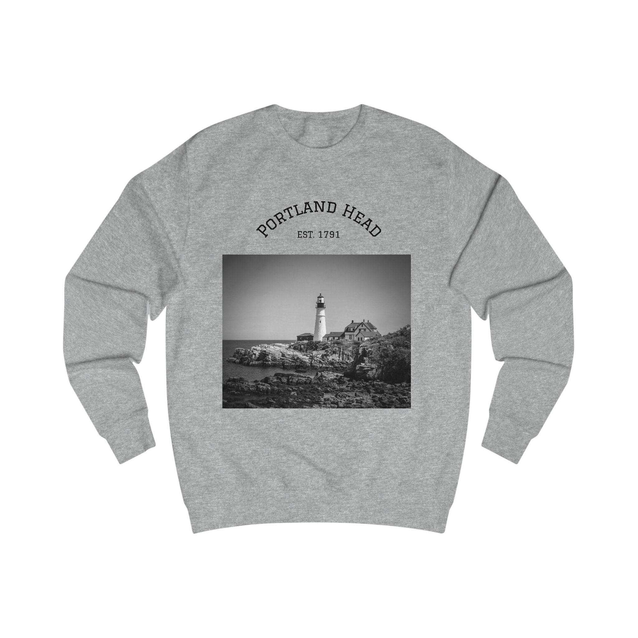 Portland Head Lighthouse Sweatshirt — Vintage Black & White Coastal Crewneck