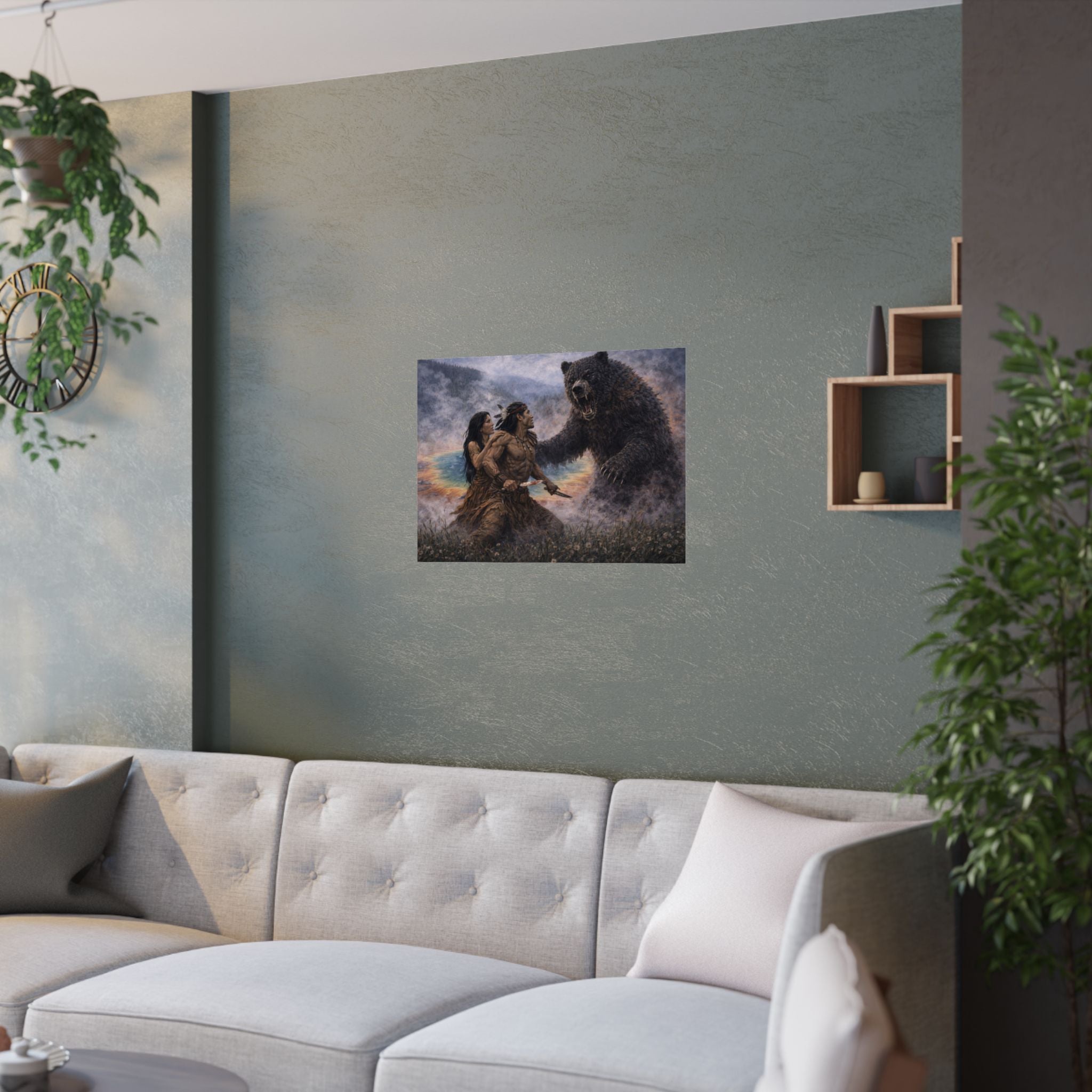 Stormborn and Tala vs Bear Satin Poster — Mythic Wilderness Wall Art