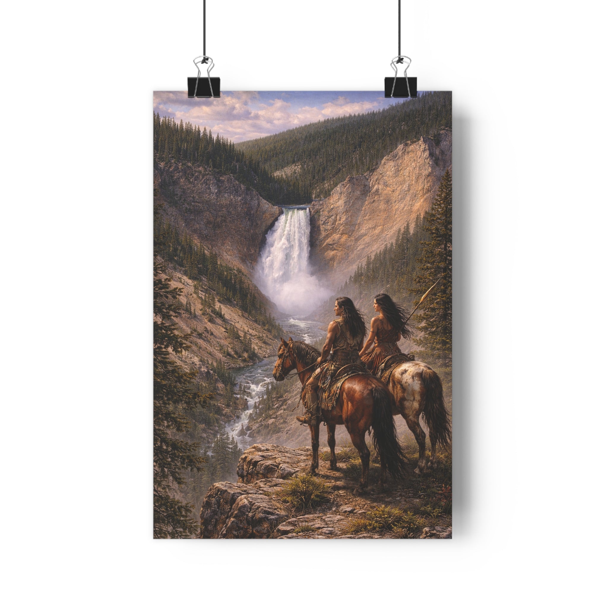 Western Landscape Art Print — Native Riders at Waterfall Giclée
