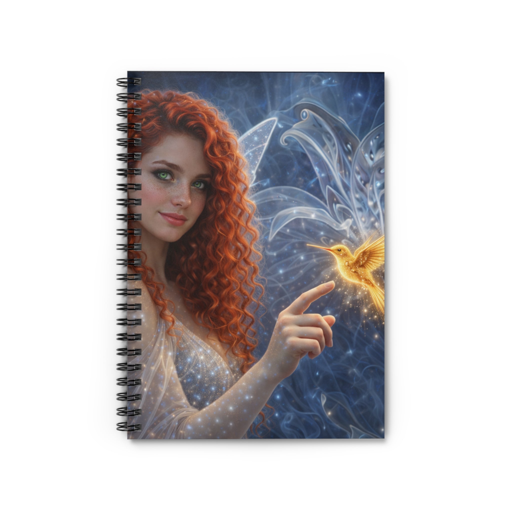 Stargazer Fairy Notebook — Redhead Fairy with Golden Hummingbird Spiral Journal