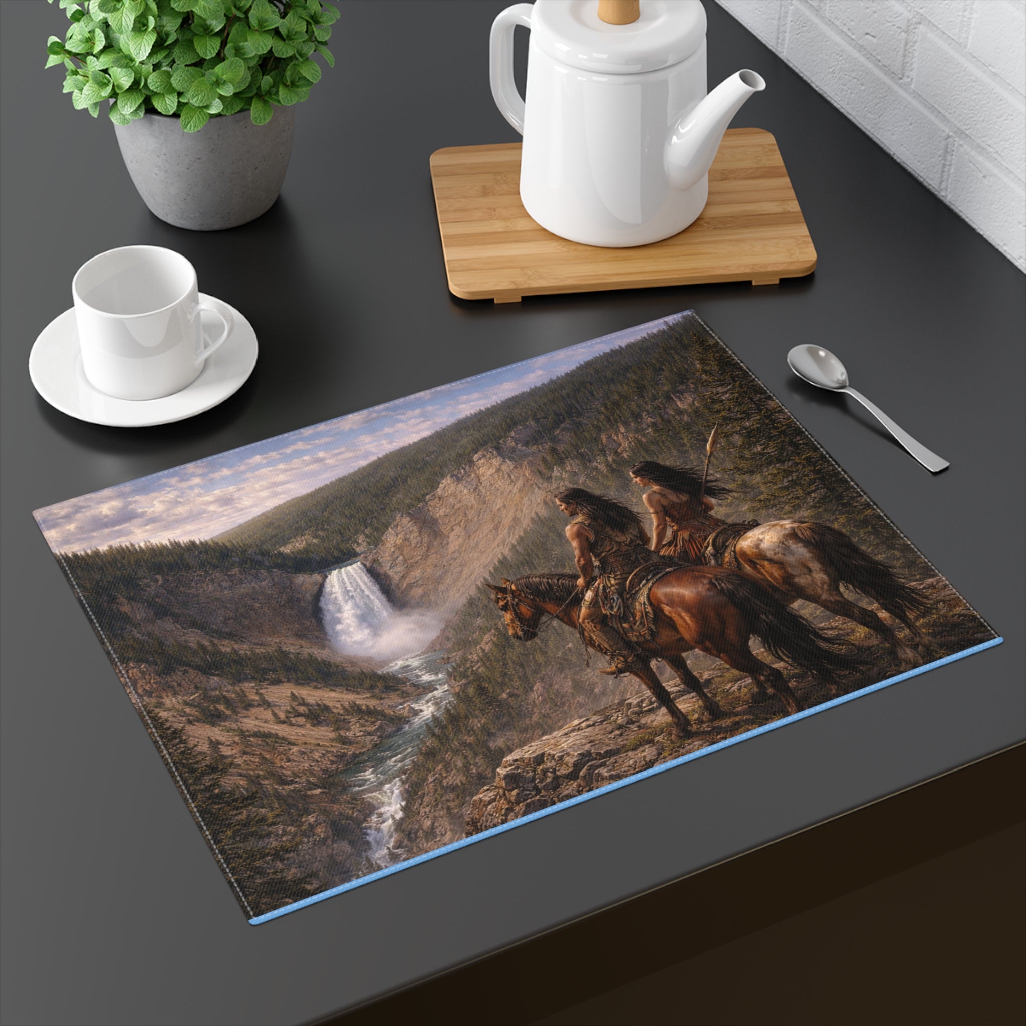 Native American Cowboys Scenic Placemat — Waterfall Landscape Table Decor