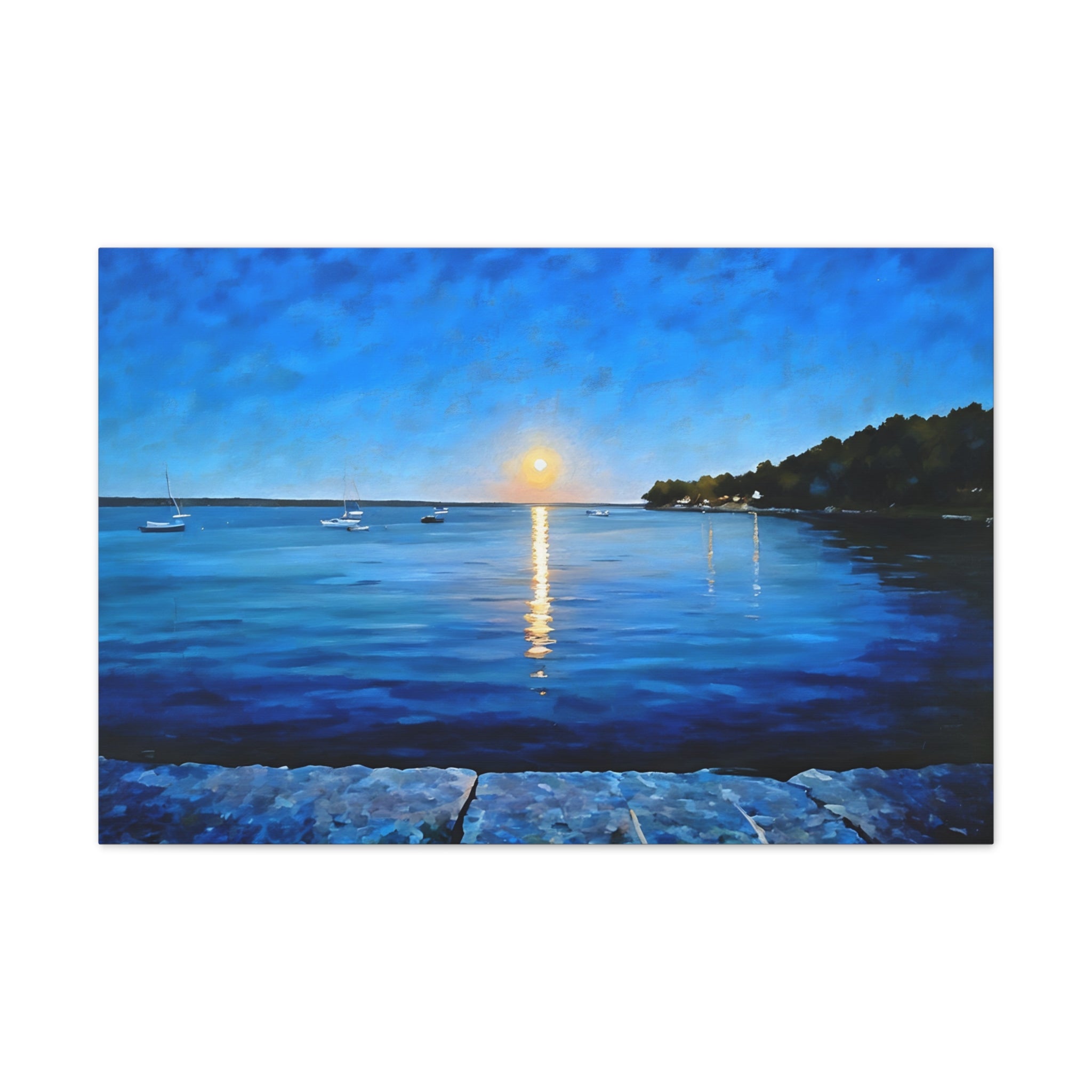 Moonlight Over Maine Canvas Wall Art — Stretched Coastal Sunset Painting