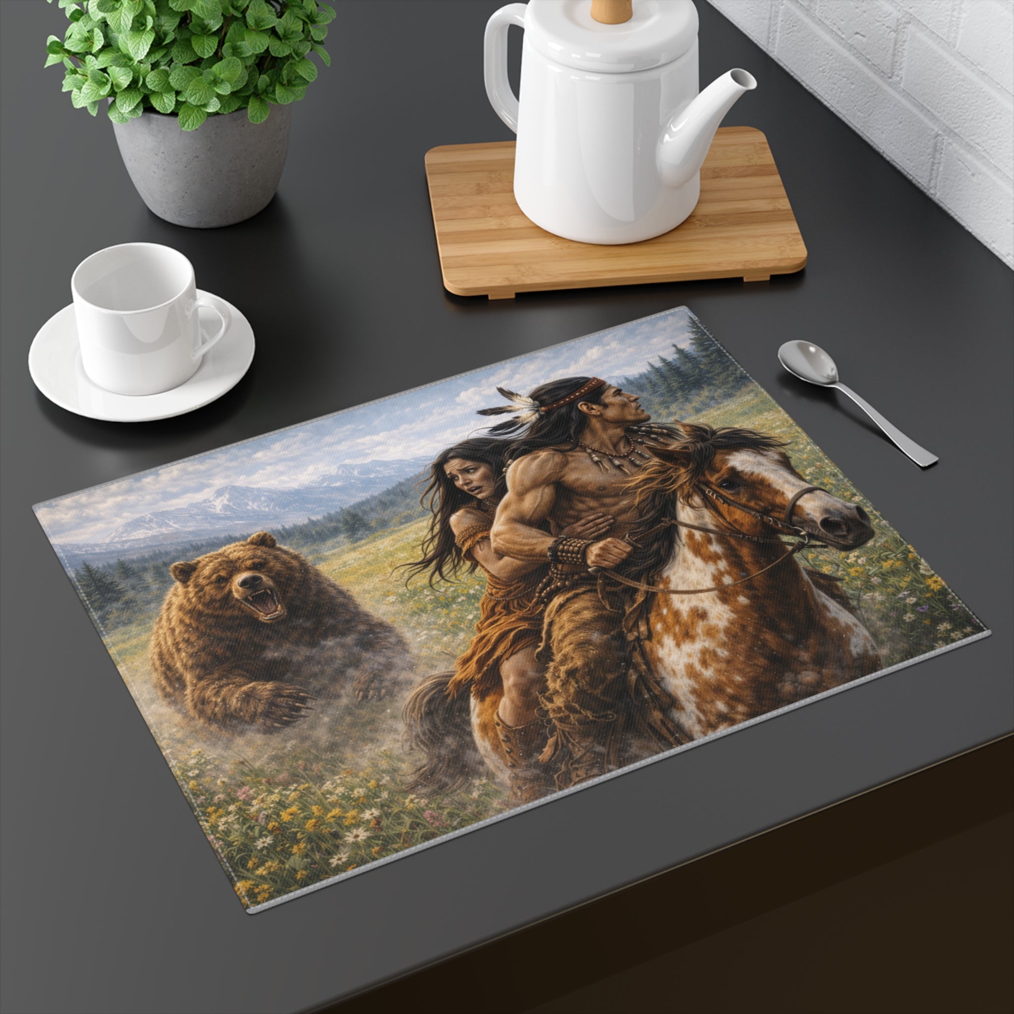 Native American Couple Riding Horse with Bear Chase Placemat