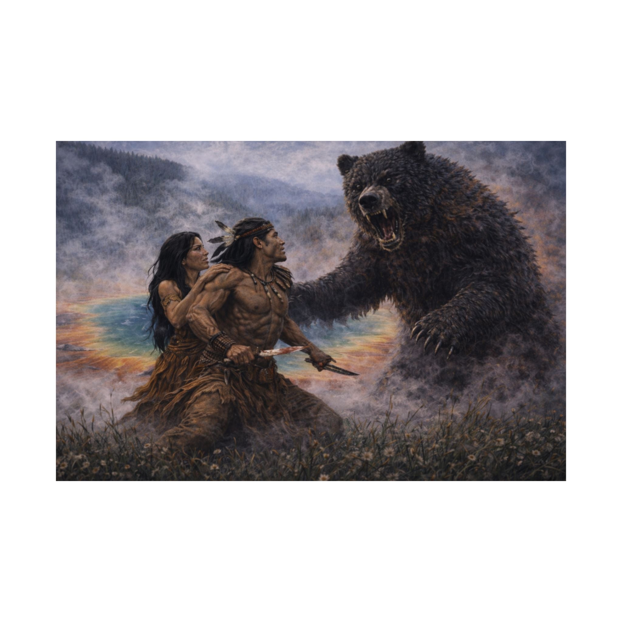 Stormborn and Tala vs Bear Satin Poster — Mythic Wilderness Wall Art
