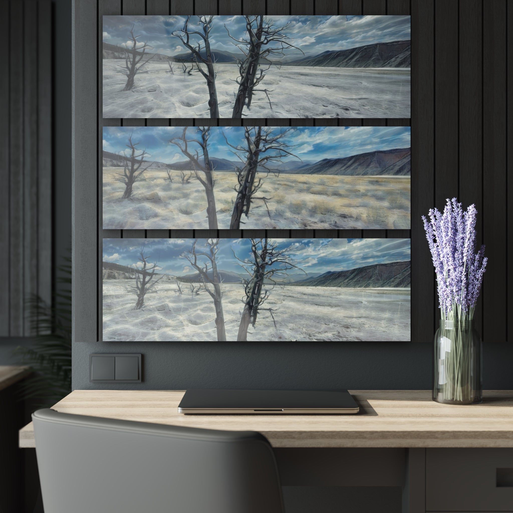 Yellowstone, Mammoth Springs, Triptych Acrylic Wall Art — Dead Trees Landscape Panorama