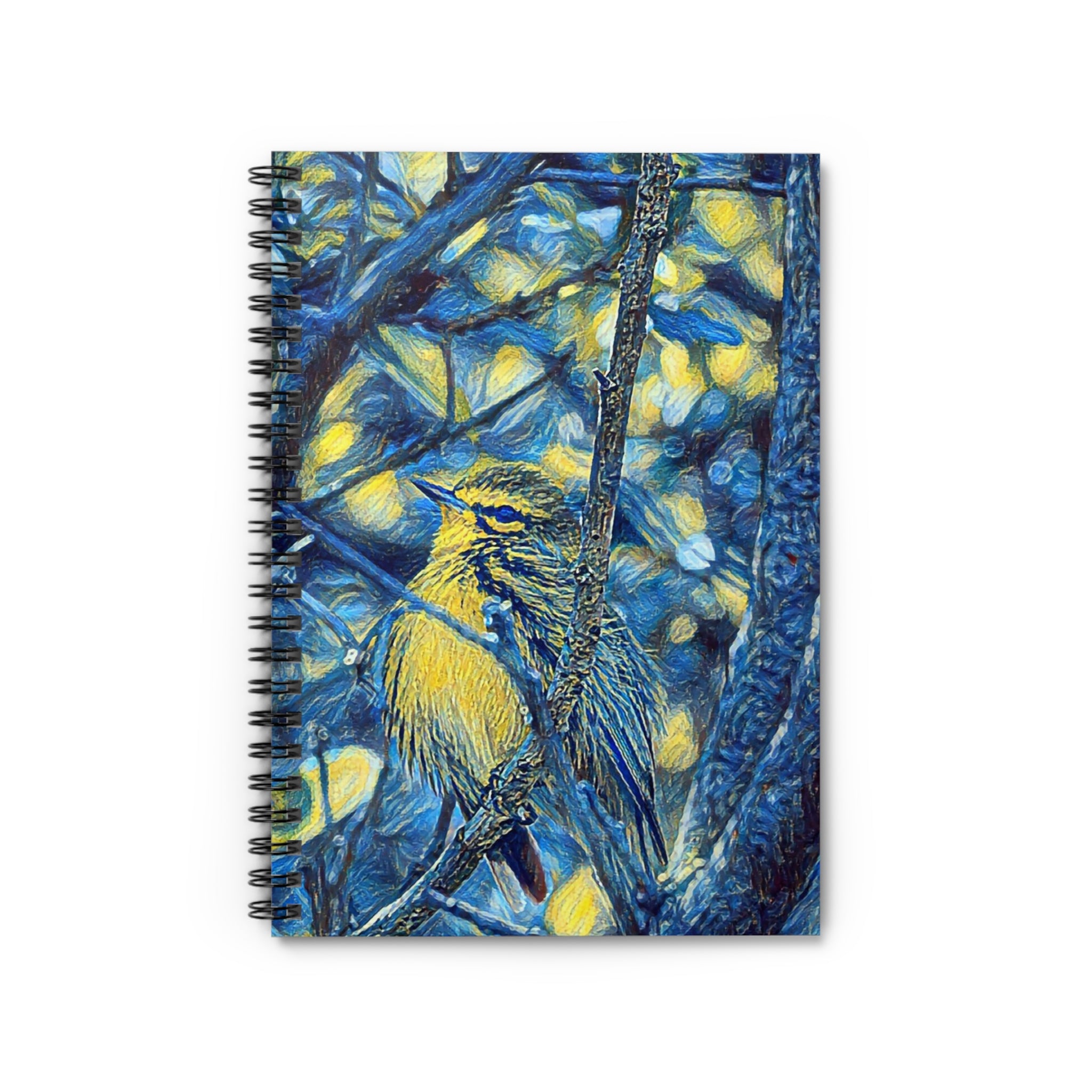 Stary Stary Yellow Warbler Art Notebook — Spiral Ruled Journal with Blue Botanical Bird Cover