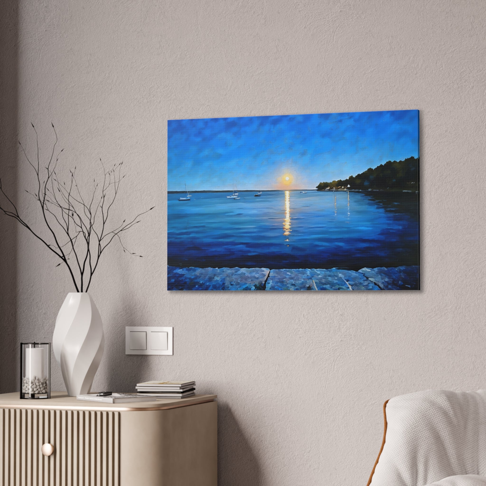 Moonlight Over Maine Canvas Wall Art — Stretched Coastal Sunset Painting
