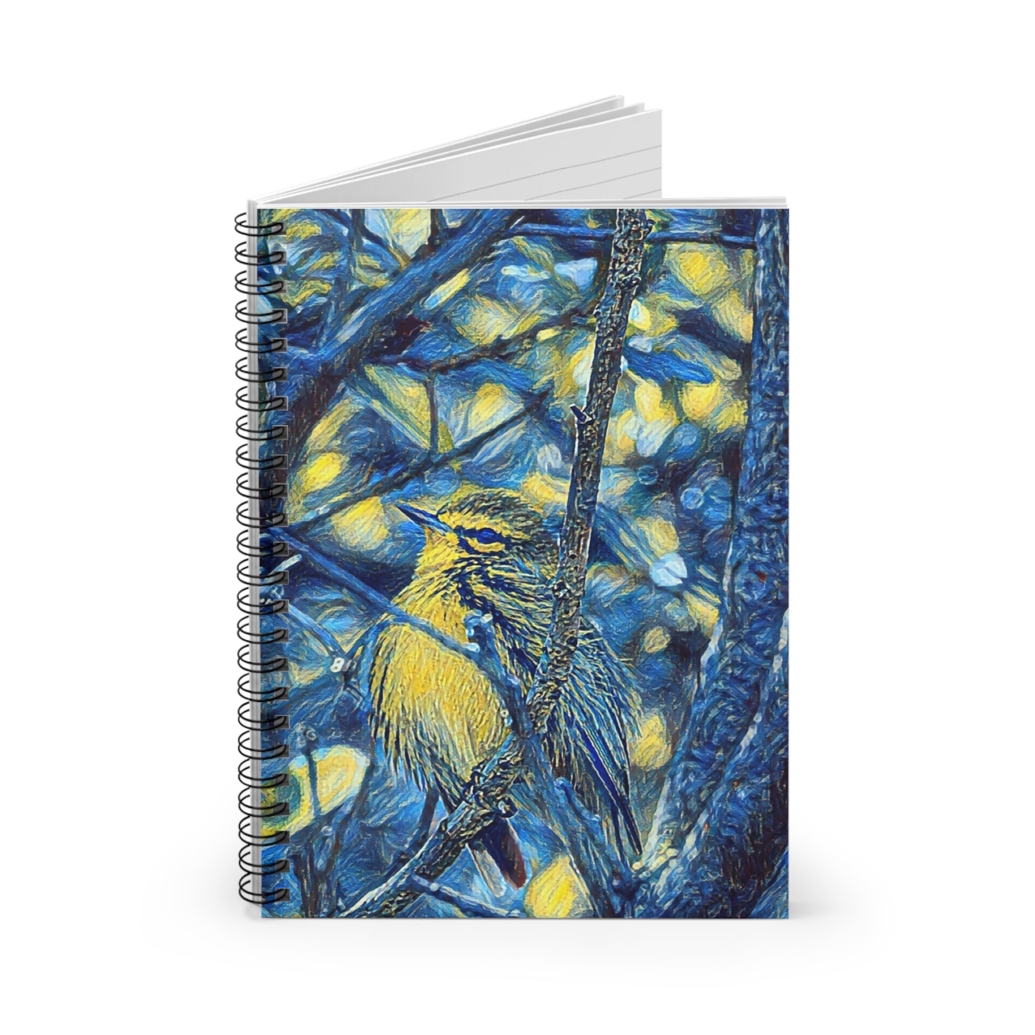 Stary Stary Yellow Warbler Art Notebook — Spiral Ruled Journal with Blue Botanical Bird Cover