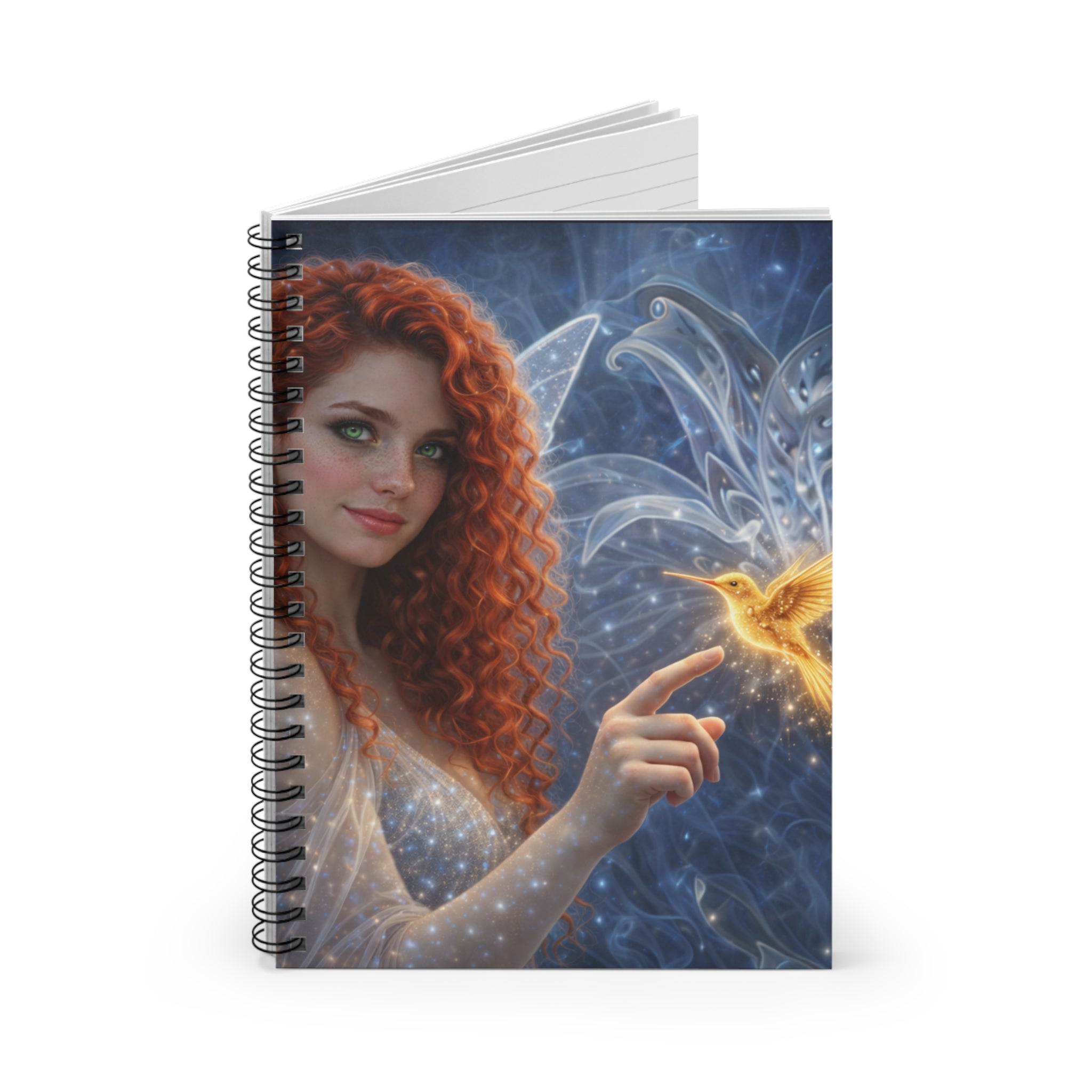 Stargazer Fairy Notebook — Redhead Fairy with Golden Hummingbird Spiral Journal