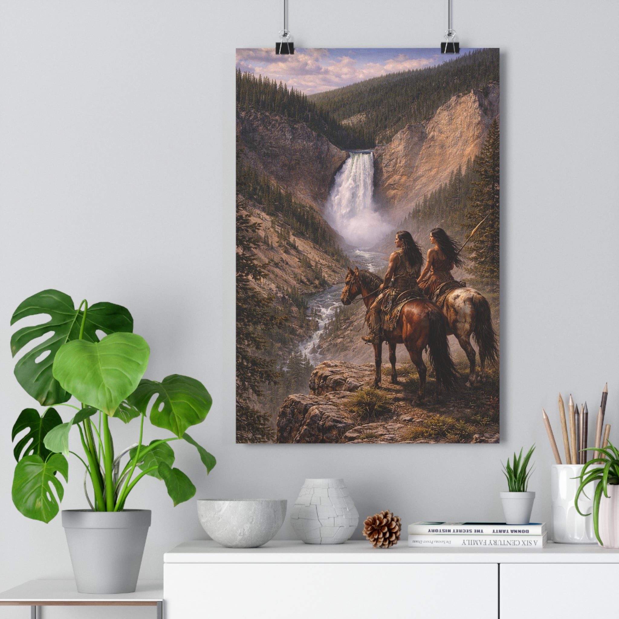 Western Landscape Art Print — Native Riders at Waterfall Giclée