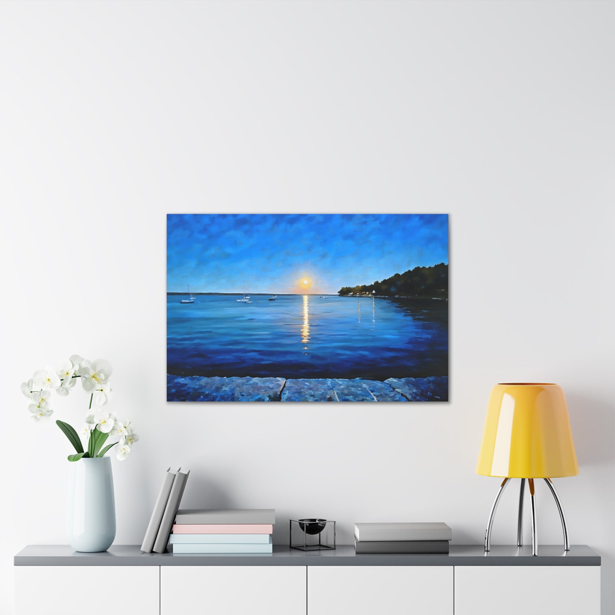 Moonlight Over Maine Canvas Wall Art — Stretched Coastal Sunset Painting