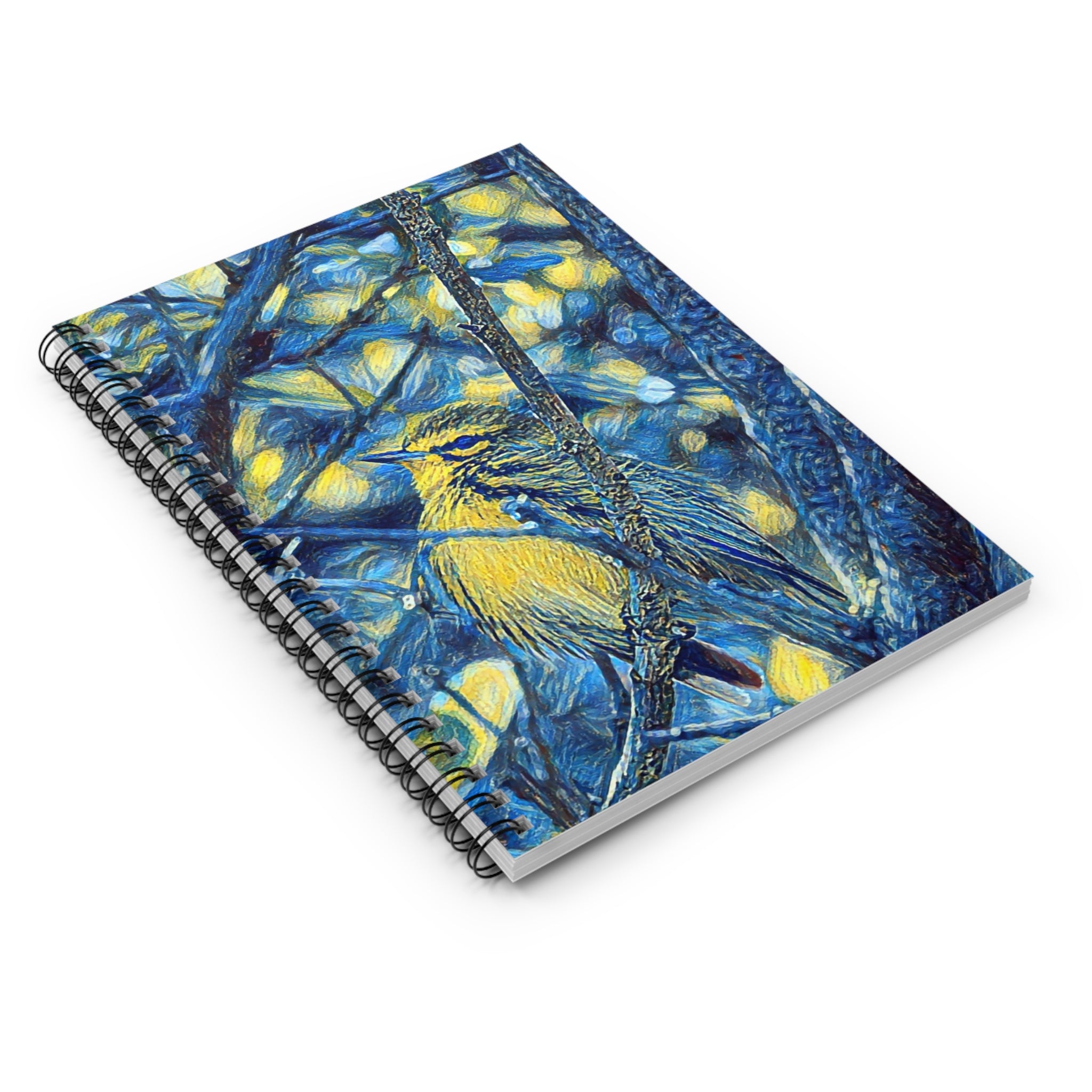 Stary Stary Yellow Warbler Art Notebook — Spiral Ruled Journal with Blue Botanical Bird Cover