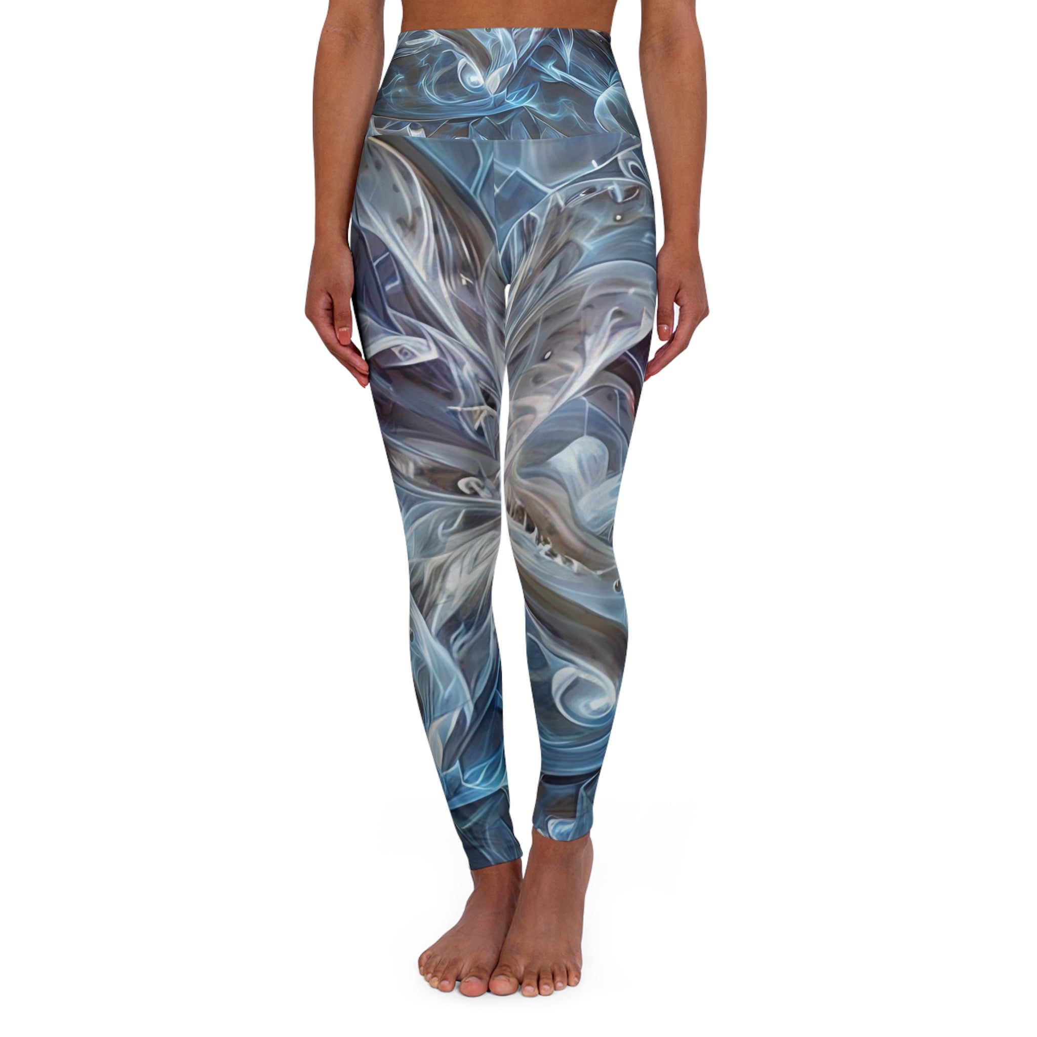 High-Waisted Yoga Leggings — Blue Marble Abstract AOP Print