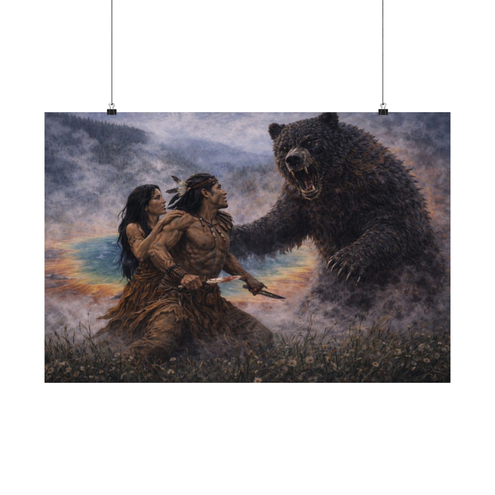 Stormborn and Tala vs Bear Satin Poster — Mythic Wilderness Wall Art