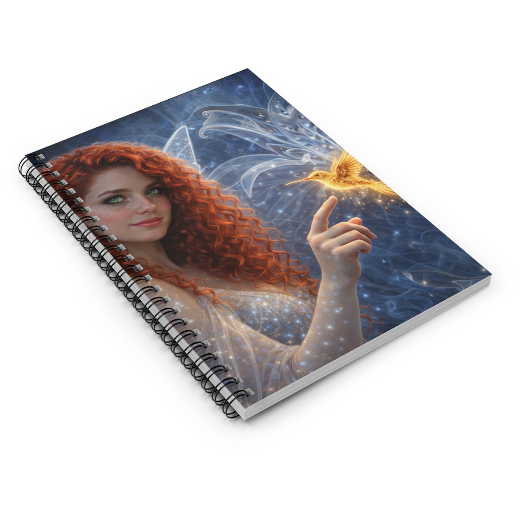 Stargazer Fairy Notebook — Redhead Fairy with Golden Hummingbird Spiral Journal