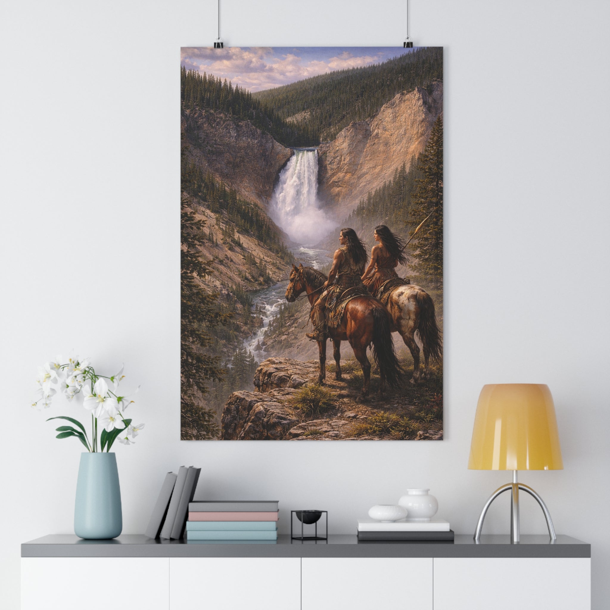 Western Landscape Art Print — Native Riders at Waterfall Giclée