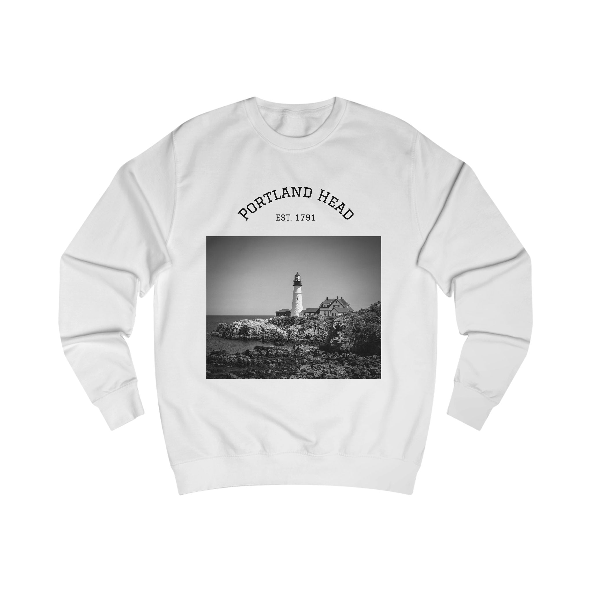 Portland Head Lighthouse Sweatshirt — Vintage Black & White Coastal Crewneck