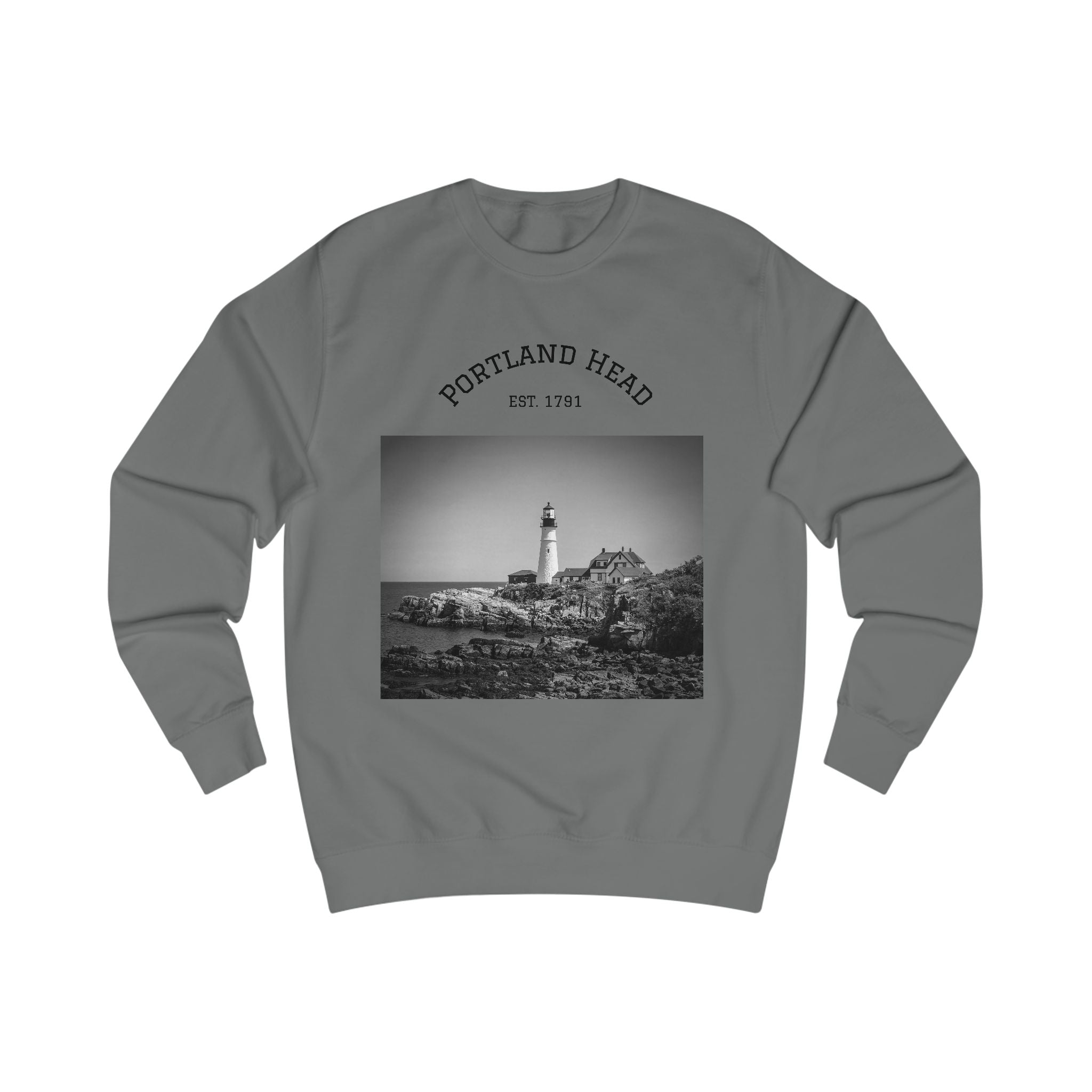 Portland Head Lighthouse Sweatshirt — Vintage Black & White Coastal Crewneck