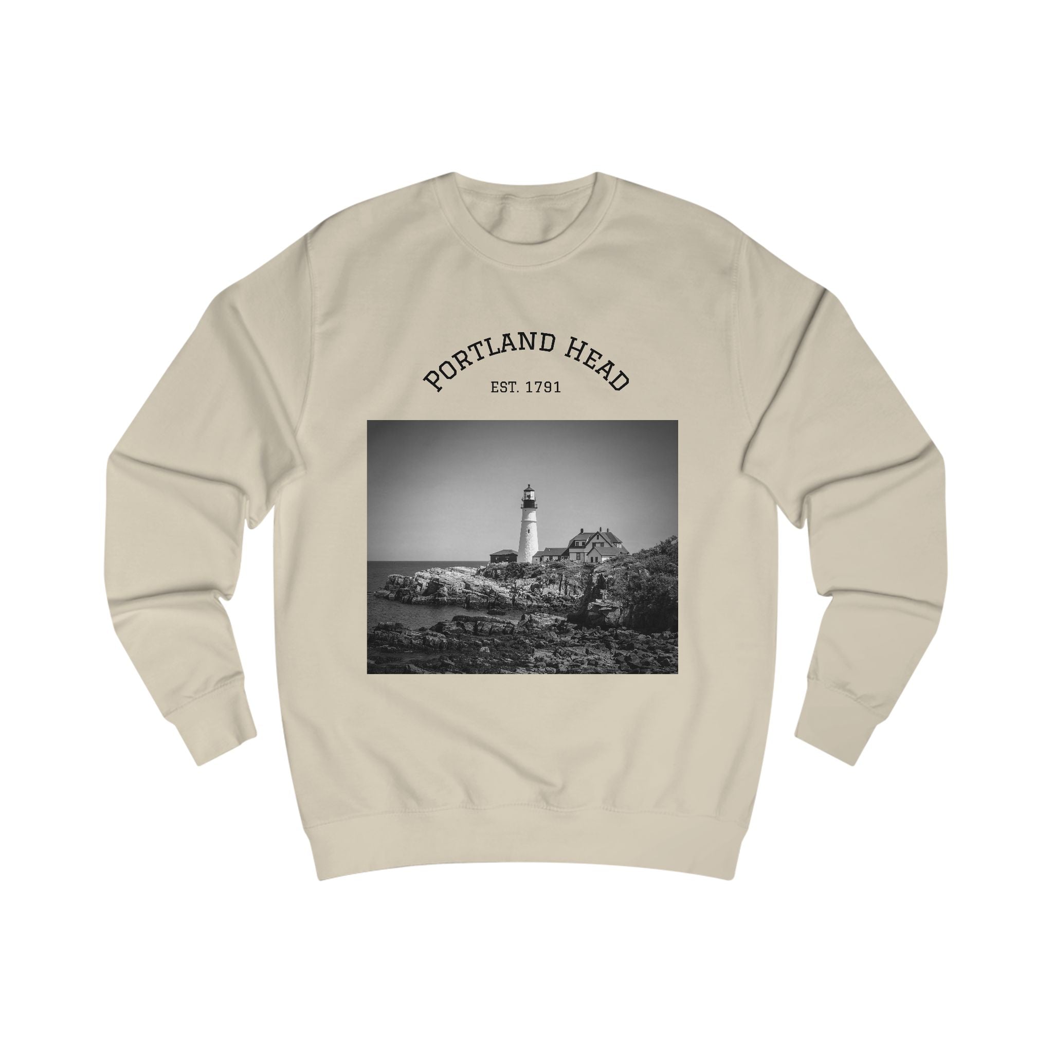 Portland Head Lighthouse Sweatshirt — Vintage Black & White Coastal Crewneck