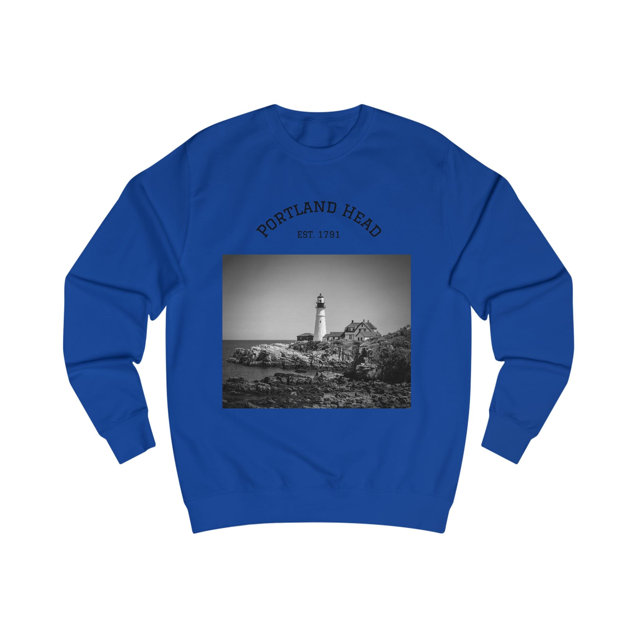 Portland Head Lighthouse Sweatshirt — Vintage Black & White Coastal Crewneck