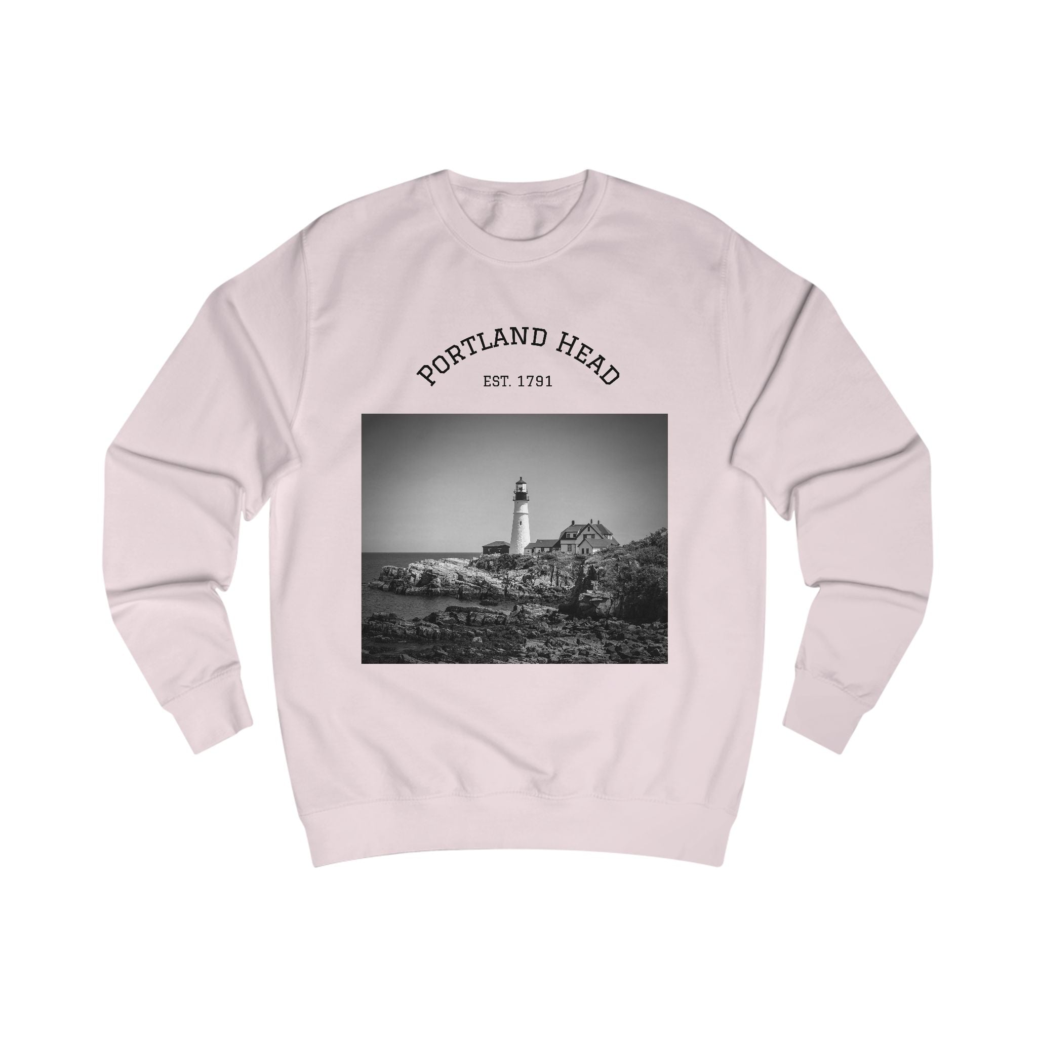 Portland Head Lighthouse Sweatshirt — Vintage Black & White Coastal Crewneck