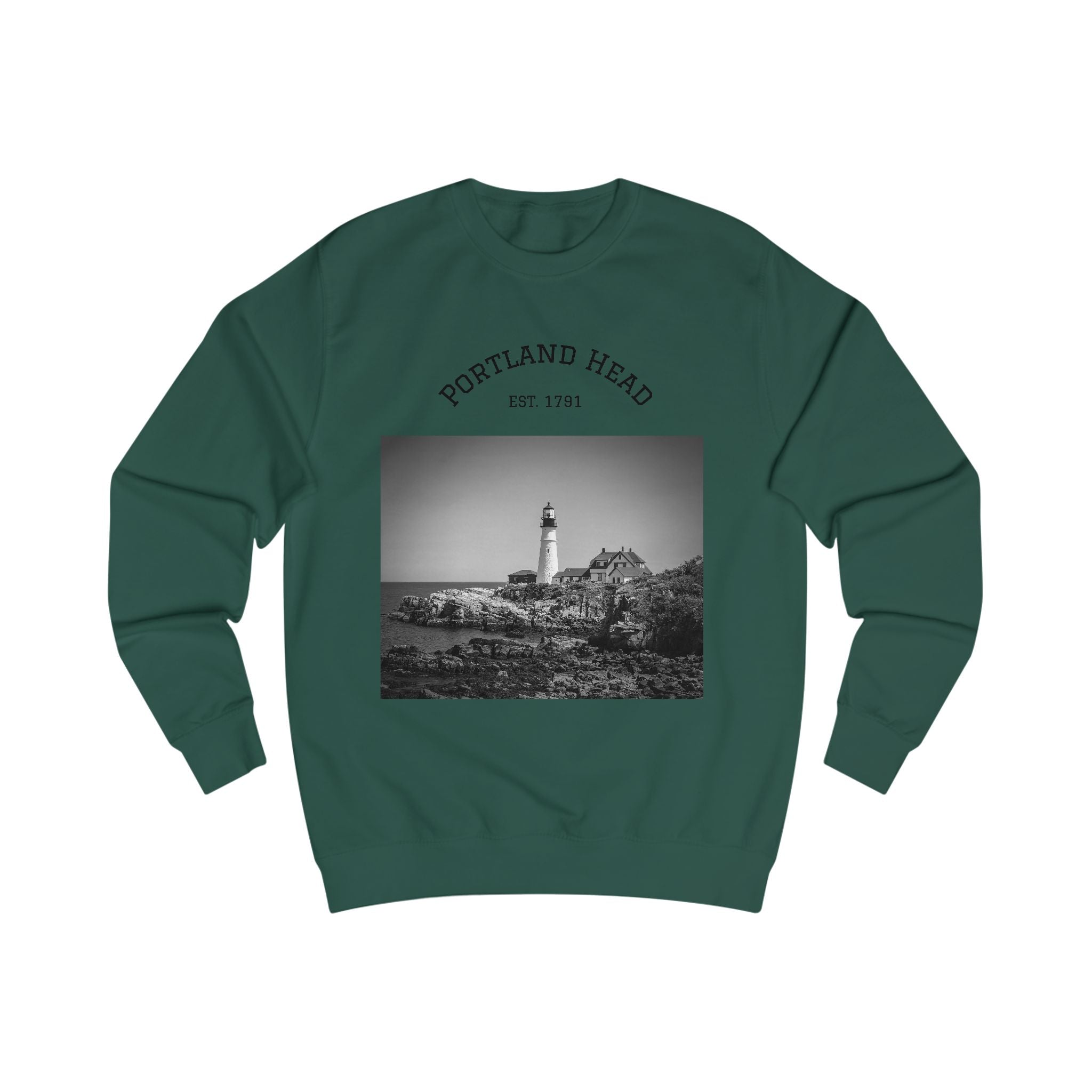 Portland Head Lighthouse Sweatshirt — Vintage Black & White Coastal Crewneck