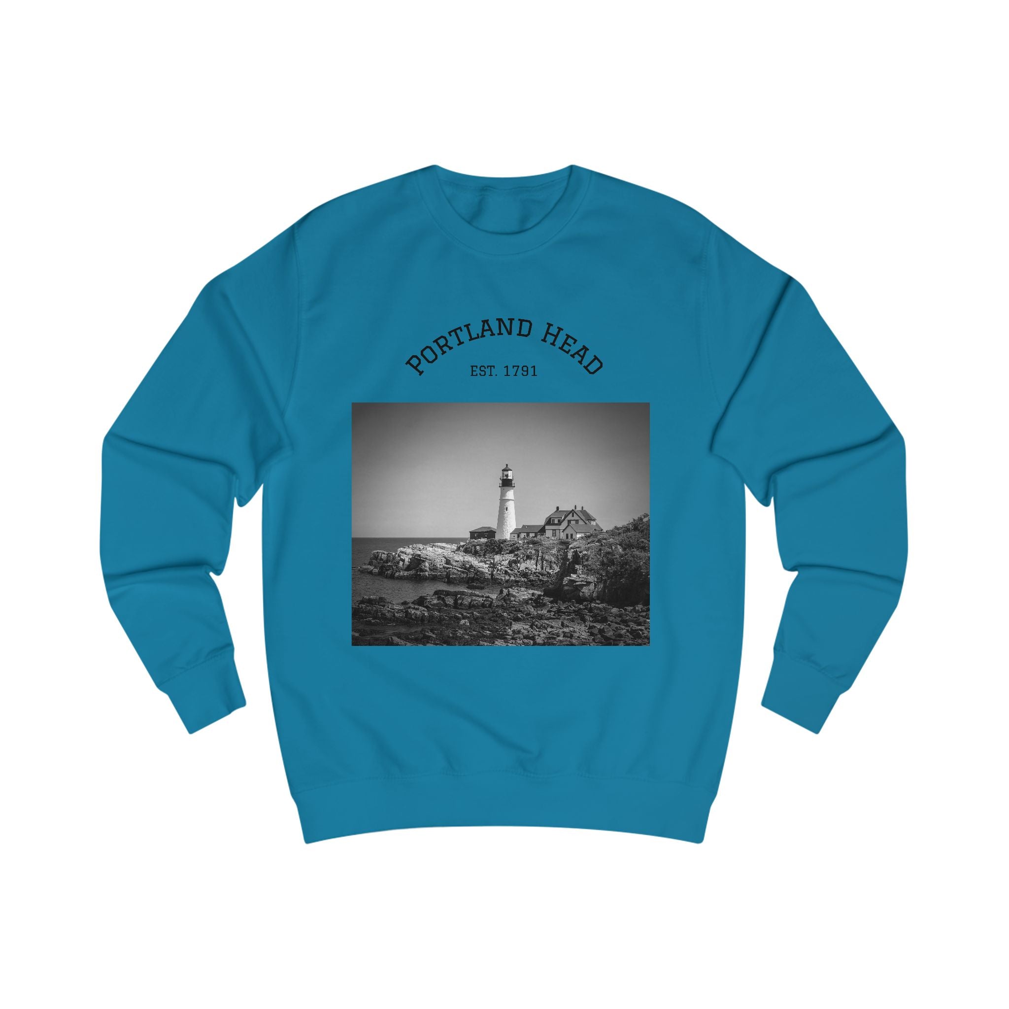 Portland Head Lighthouse Sweatshirt — Vintage Black & White Coastal Crewneck