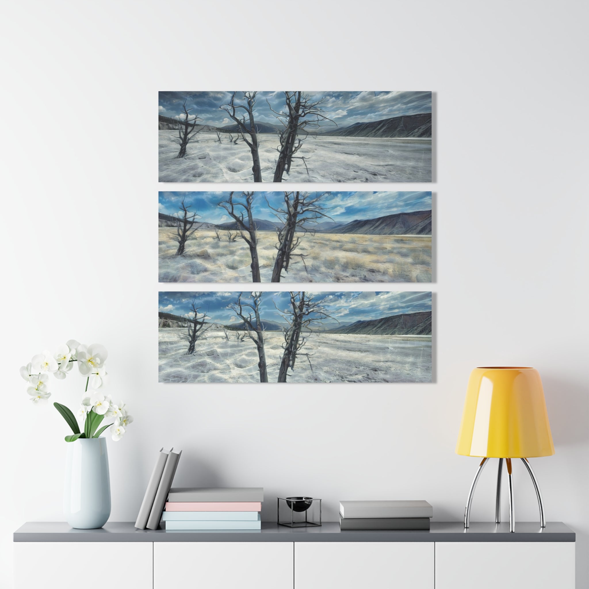 Yellowstone, Mammoth Springs, Triptych Acrylic Wall Art — Dead Trees Landscape Panorama